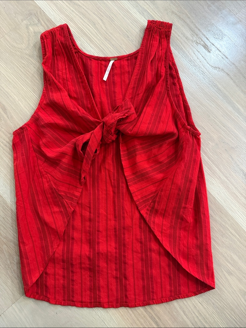 Free People Red Striped Front Tie Tank Top Linen Blend Sleeveless Boho Cami